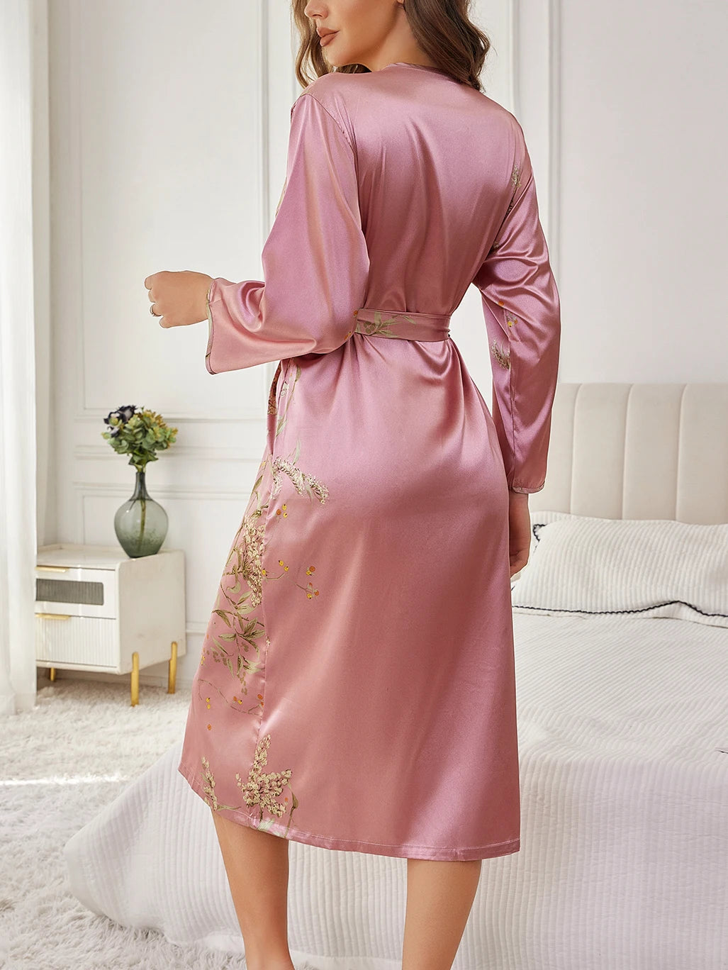 Women’s Floral Print Silk Robe | Elegant Loose-Fit Long Sleeve Breathable Loungewear