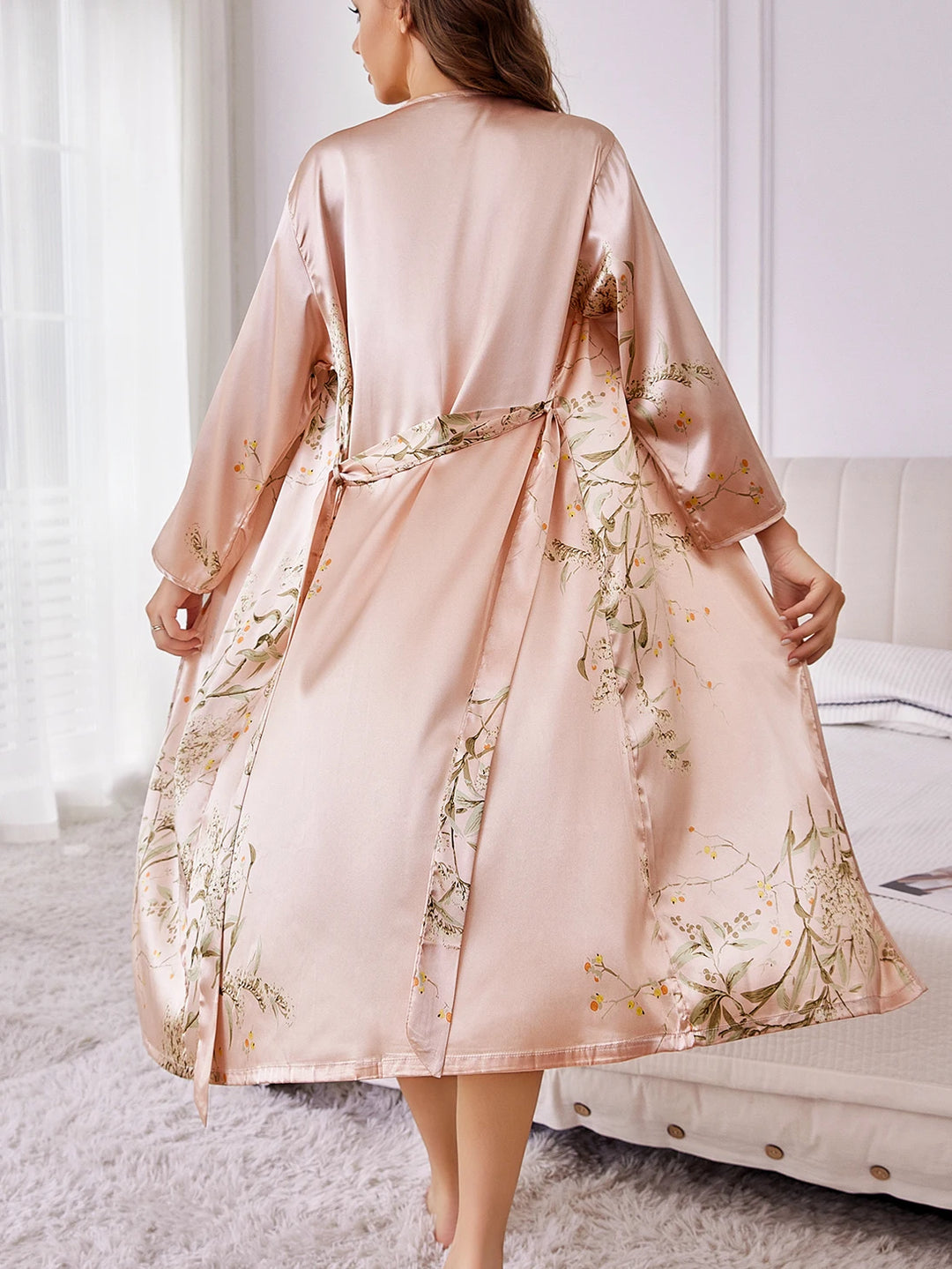Women’s Floral Print Silk Robe | Elegant Loose-Fit Long Sleeve Breathable Loungewear