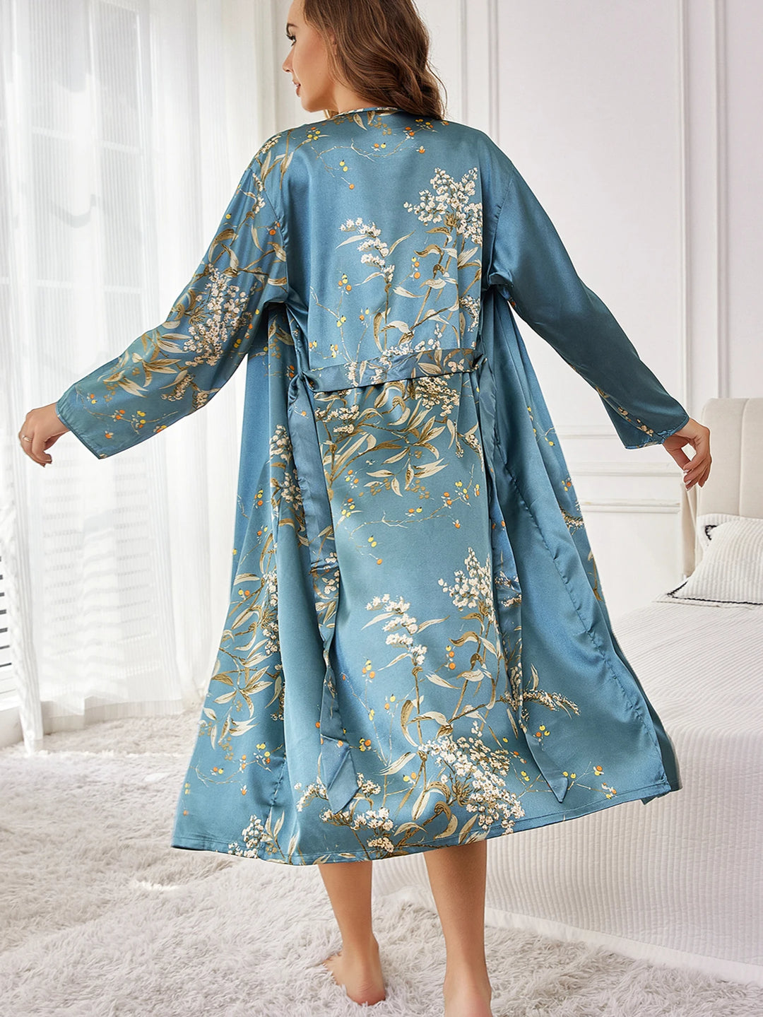 Women’s Floral Print Silk Robe | Elegant Loose-Fit Long Sleeve Breathable Loungewear