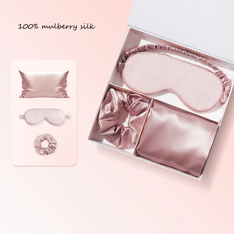 100% Mulberry Silk Pillowcase Set with Sleeping Mask And Hair Band - Luxury Bedding Gift Set