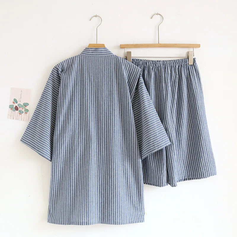 Summer Japanese Kimono Pajamas Thin Home Clothes 2 Piece Sleepwear Loose Bathrobes V-Neck Kimono Striped Loungewear Robes